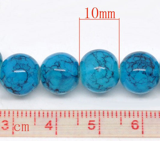 BD373 - 1 Strand - Blue and Black Mottled Glass Round Beads - 10mm - 31.5 inch strand
