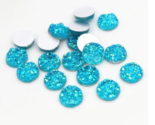 CA1034 - 10 pcs Druzy Resin Embellishment Cabochons Blue Aqua Multicolor - 12mm Diameter - Circle - 3.6mm Thick - Clear - Silver Back