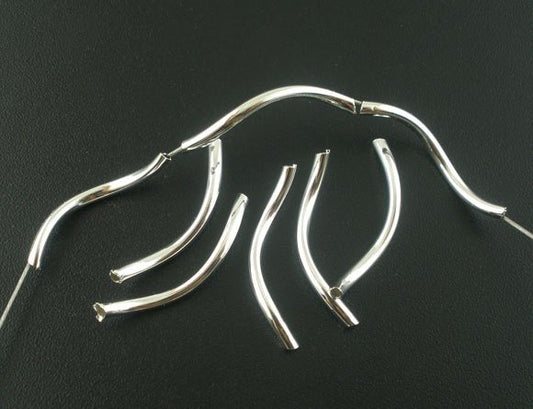 BD424 - 100 pcs. Silver Plated Noodle Tube Long Thin Smooth Twisted Curved Beads - 26mm x 2mm (1") - Hole Size: 1.5mm