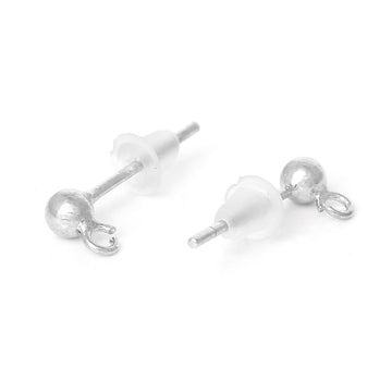 E092 - 2 pcs. (1 pair) 925 Sterling Silver Earring Ball Posts Studs Settings with Loop - 14mm x 5mm - Platinum Plated