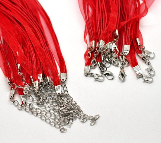 N035 - 15 pcs. Bright Red Organza Ribbon Waxen Cord Necklaces with Lobster Clasp - 17 inch (43 cm) - Claw Clasp