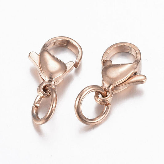 CL138 - 10 pcs. 304 Stainless Steel Lobster Clasps - Rose Gold - 12mm x 7.5mm - Hole: 4mm - Claw Clasps - With Jump Ring!