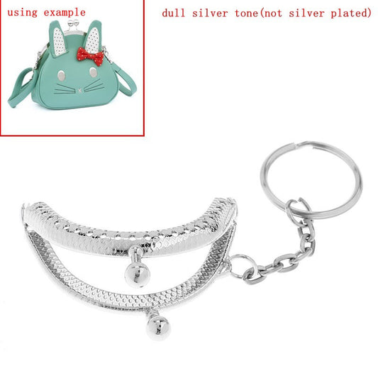 U025 - 5 pcs. Silver Tone Metal Purse Handbag Curved Frame - Kiss Clasp - Ball Clasp - Arch - 5.2cm x 4.2cm (2" x 1 5/8") - with Key Ring and Chain