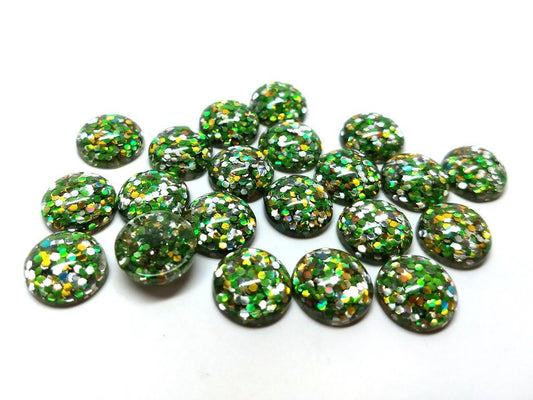 CA235 - 10 pcs Druzy Resin Embellishment Cabochons - 12mm - Glitter Style - Green, Gold and Silver
