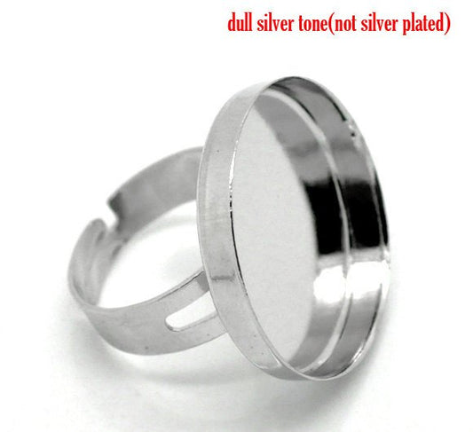 RB018 - 10 pcs. Silver Tone ADJUSTABLE Cabochon Setting Bezel RING bases settings - Ring Size 8 US - Glue Pad 25mm (1 in) - Made of Copper!