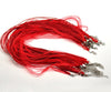 N035 - 15 pcs. Bright Red Organza Ribbon Waxen Cord Necklaces with Lobster Clasp - 17 inch (43 cm) - Claw Clasp