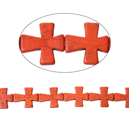 BD478 - 1 Strand (11 pcs) - LARGE Red Turquoise Cross Dyed Beads/Pendants - 37 x 31mm