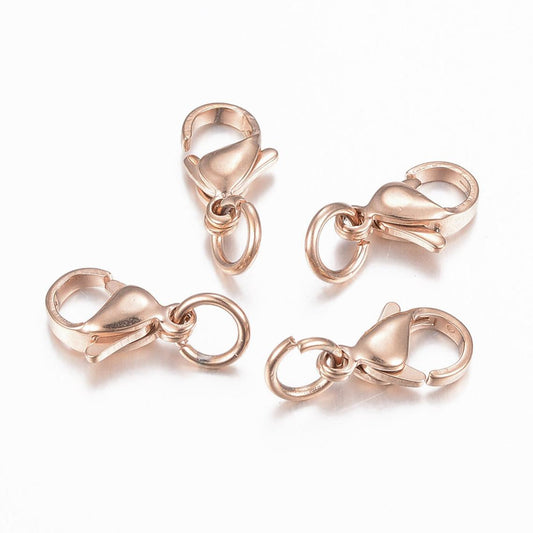 CL138 - 10 pcs. 304 Stainless Steel Lobster Clasps - Rose Gold - 12mm x 7.5mm - Hole: 4mm - Claw Clasps - With Jump Ring!