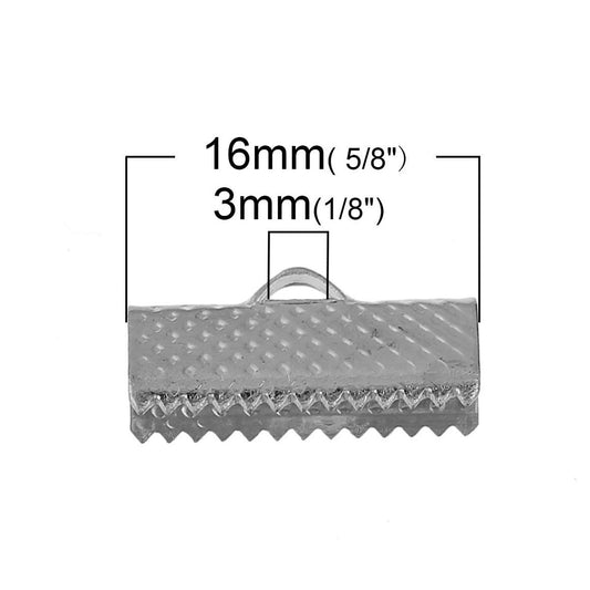 CR054 - 100 pcs. Silver Tone Textured Ribbon Crimp End Caps - 16mm x 8mm