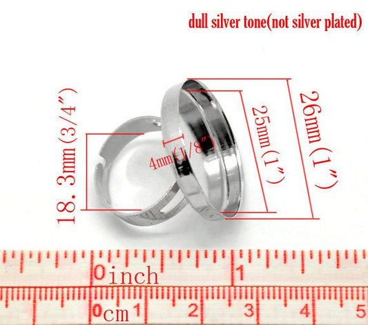 RB018 - 10 pcs. Silver Tone ADJUSTABLE Cabochon Setting Bezel RING bases settings - Ring Size 8 US - Glue Pad 25mm (1 in) - Made of Copper!