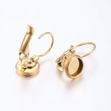 E373 - 2 pcs. (1 pair) 304 Stainless Steel Golden Earring Clips Settings Lever Back Bezels Cabochons - 10mm Glue Pad Setting