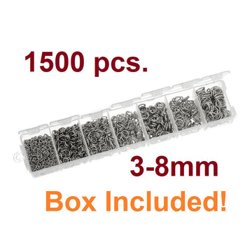 J180 - Box with Assortment of 1500pcs Silver Tone Open Jump Rings- 3mm to 8mm