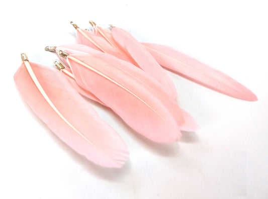 P545A - 4 pcs Pink Dangle Charms Pendants - Feather - Gold Plated Crimps - 60mm (2.4") to 85mm (3.4") - Great for Light Earrings or Dangles!
