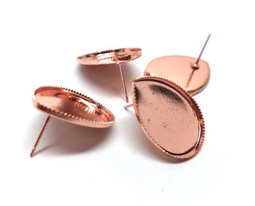 E483 - 10 pcs. Rose Gold Plated Earring Tacks Posts Studs Settings Bezels Cabochons - Teardrop - 25mm x 18mm Glue Pad Setting
