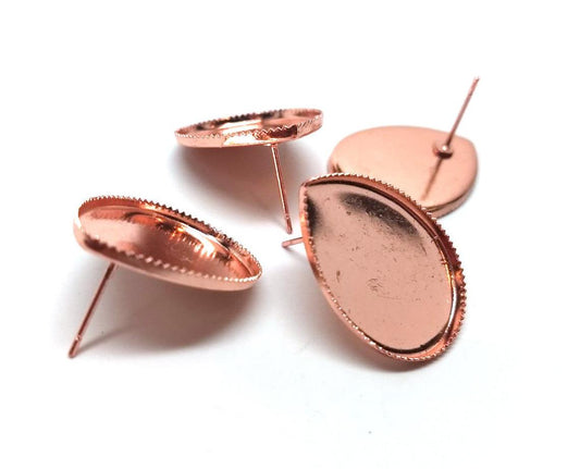 E483 - 10 pcs. Rose Gold Plated Earring Tacks Posts Studs Settings Bezels Cabochons - Teardrop - 25mm x 18mm Glue Pad Setting