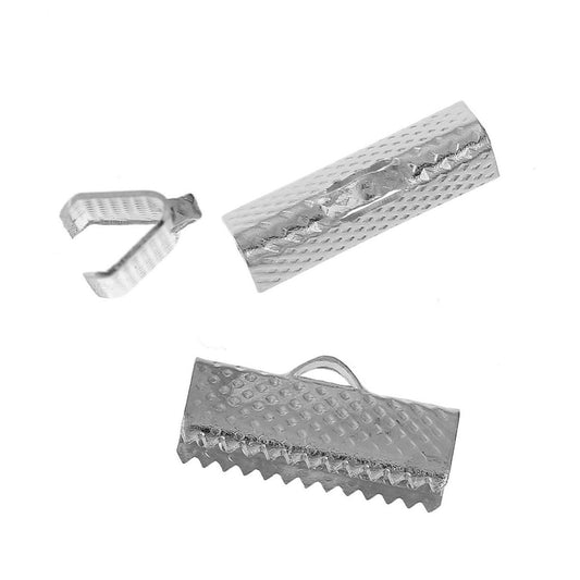 CR054 - 100 pcs. Silver Tone Textured Ribbon Crimp End Caps - 16mm x 8mm