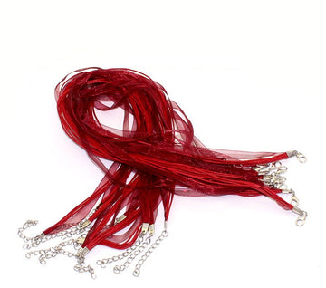 N036 - 15 pcs. Dark Red Organza Ribbon Waxen Cord Necklaces with Lobster Clasp - 17 inch (43 cm) - Claw Clasps