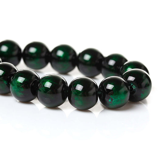 BD814 - 80 pcs Black and Green Pearl Swirl Glass Round Loose Beads - 10mm - Hole Size: 1mm - 30.5" Strand