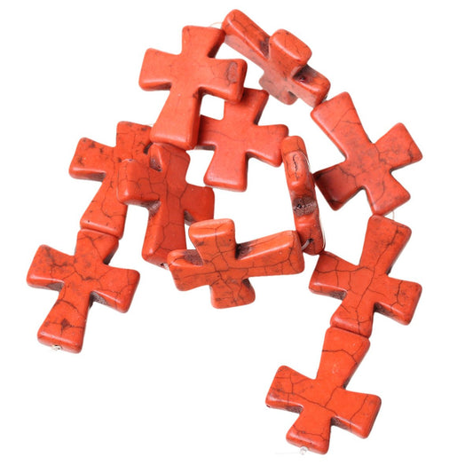 BD478 - 1 Strand (11 pcs) - LARGE Red Turquoise Cross Dyed Beads/Pendants - 37 x 31mm