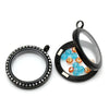 P925 - 1pc. Black Stainless Steel Magnetic Rhinestone Floating Charms Circle Pendant Glass Locket - Memory Box - 36mm X 30mm (1.42" x 1.1"