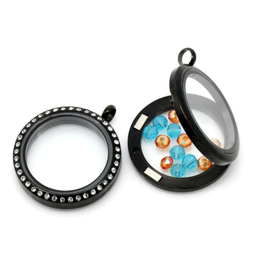 P925 - 1pc. Black Stainless Steel Magnetic Rhinestone Floating Charms Circle Pendant Glass Locket - Memory Box - 36mm X 30mm (1.42" x 1.1"
