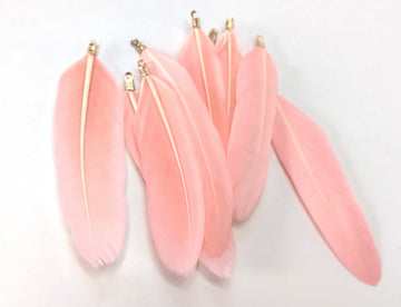 P545A - 4 pcs Pink Dangle Charms Pendants - Feather - Gold Plated Crimps - 60mm (2.4") to 85mm (3.4") - Great for Light Earrings or Dangles!