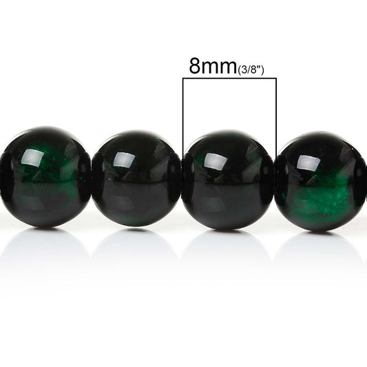 BD426 - 105 pcs Black and Green Pearl Swirl Glass Round Loose Beads - 8mm - Hole Size: 1.5mm - 32" Strand