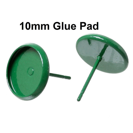 E165 - 50 pcs. Green Earring Posts Studs Settings Bezels Cabochons Tacks- 10mm Glue Pad Setting