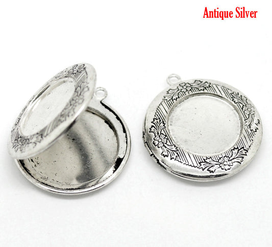 P968 - 10pcs. Antique Silver Carved Flower Ornamented Pendant Picture Photo Locket Box Charm Pendants- 36 X 32mm-Fits 20mm Settings &amp; 24mm Settings