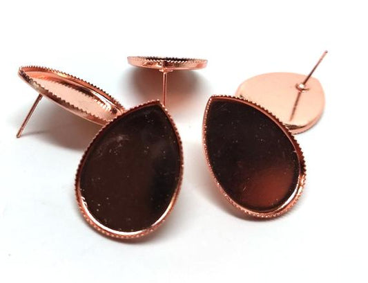 E483 - 10 pcs. Rose Gold Plated Earring Tacks Posts Studs Settings Bezels Cabochons - Teardrop - 25mm x 18mm Glue Pad Setting