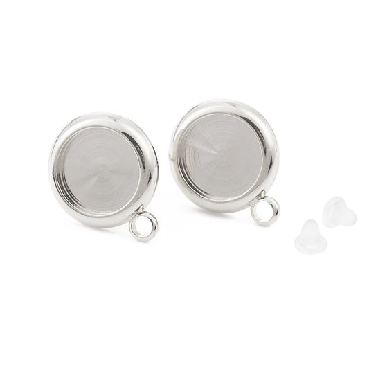 E783 - 4 pcs. 18k Platinum Filled Earring Posts Studs Settings Bezels Cabochons Tacks with Loop - 8mm Glue Pad Setting - Made of Copper