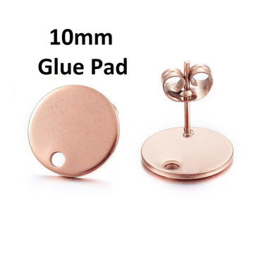 E525 - 10 pcs. (5 pairs) 304 Stainless Steel Rose Gold Earring Posts/Bases/Studs/Settings - 12mm Length - 10mm Diameter - Hole Size: 1.4mm