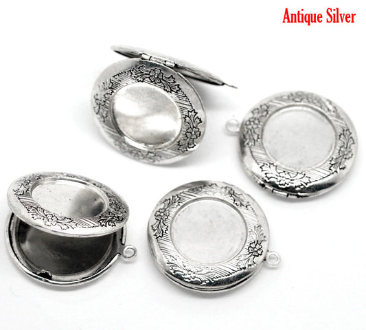 P968 - 10pcs. Antique Silver Carved Flower Ornamented Pendant Picture Photo Locket Box Charm Pendants- 36 X 32mm-Fits 20mm Settings &amp; 24mm Settings