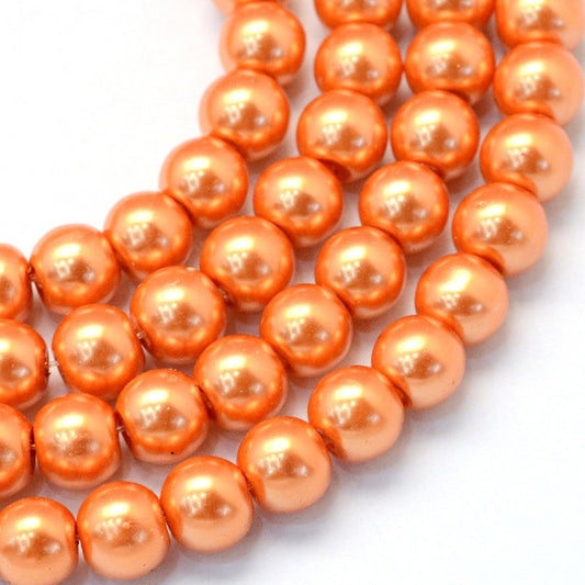 BD129 - 10mm Orange Glass Pearl Imitation Round Beads - 16 inch strand - Approx. 42 beads per strand - Hole Size: 1.5mm