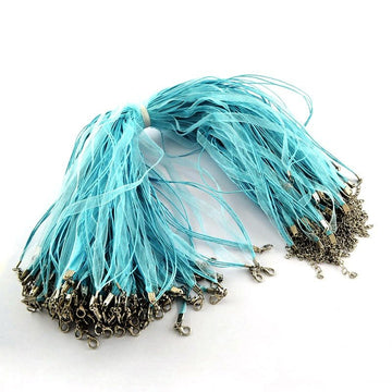 N037 - 15 pcs. Baby Blue Organza Ribbon Waxen Cord Necklaces with Lobster Clasp - 17.7 inch (45 cm) - Claw Clasps and Extender Chains!