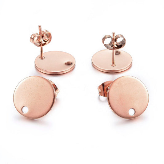 E525 - 10 pcs. (5 pairs) 304 Stainless Steel Rose Gold Earring Posts/Bases/Studs/Settings - 12mm Length - 10mm Diameter - Hole Size: 1.4mm