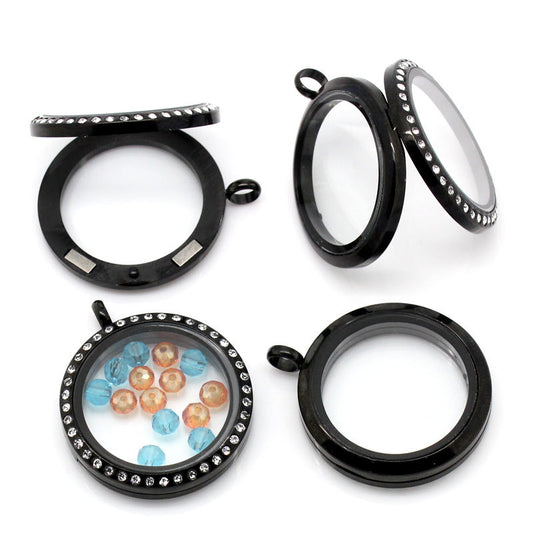 P925 - 1pc. Black Stainless Steel Magnetic Rhinestone Floating Charms Circle Pendant Glass Locket - Memory Box - 36mm X 30mm (1.42" x 1.1"