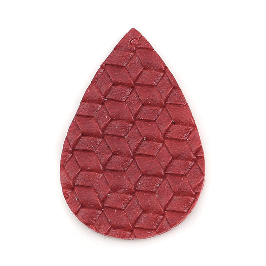 P028 - 10 pcs. Red Faux Leather Dangle Charms Pendants - Teardrop Weave - 56mm (2.2") - Great for Light Earrings or Dangles! Double-Sided