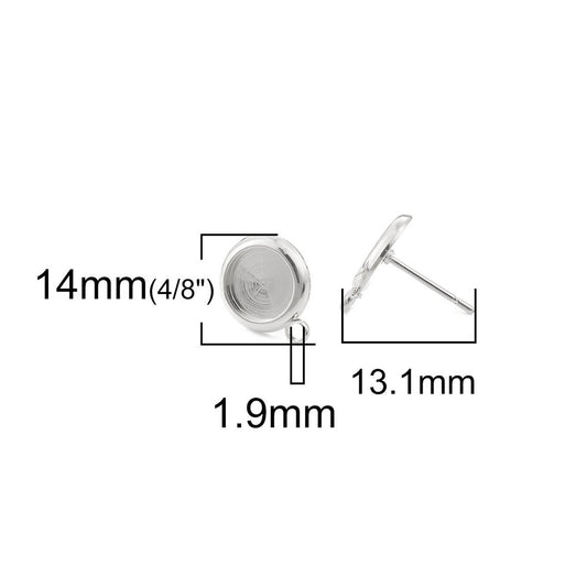 E783 - 4 pcs. 18k Platinum Filled Earring Posts Studs Settings Bezels Cabochons Tacks with Loop - 8mm Glue Pad Setting - Made of Copper