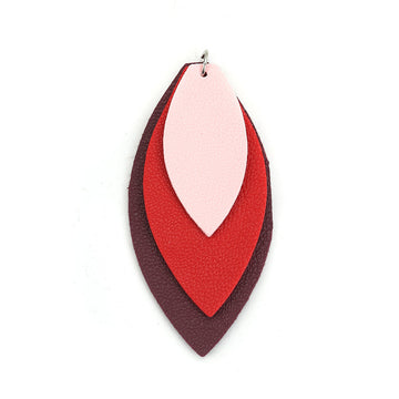 P165 - 10 pcs. Burgundy Red Pink Faux Leather Dangle Charms Pendants - Leaf - Triple Layer - 71mm (2.8") - Great for Light Earrings or Dangles!