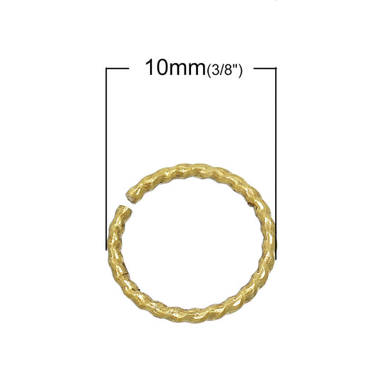 J108 - 100 pcs Brass Gold Plated Tone Twisted Connector Open Jump Rings - 10mm - 18 Gauge - 1mm Thick