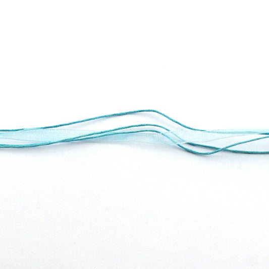 N037 - 15 pcs. Baby Blue Organza Ribbon Waxen Cord Necklaces with Lobster Clasp - 17.7 inch (45 cm) - Claw Clasps and Extender Chains!