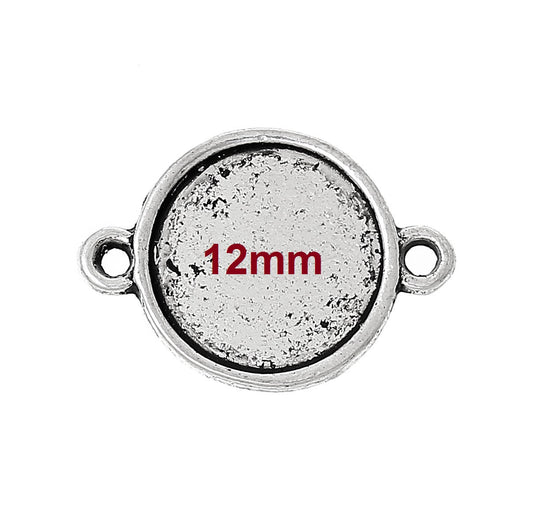 P363 - 10 pcs. Antique Silver Circle Round Bezel Cabochon Cameo Connector Tags Trays - 12mm Glue Pad