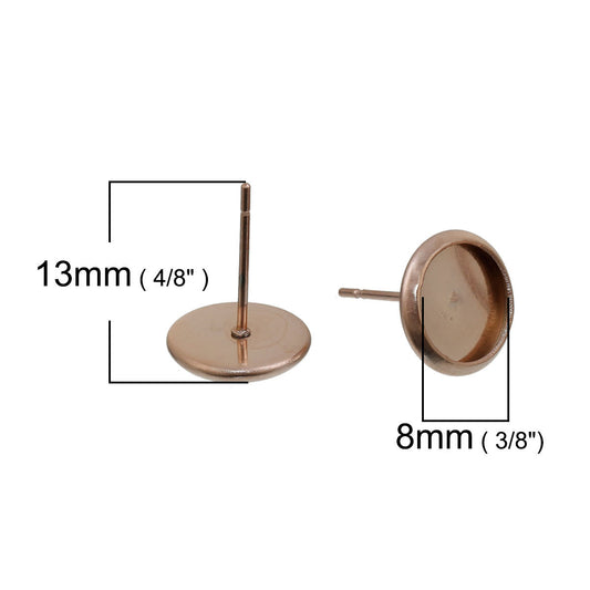 E302 - 10 pcs. Stainless Steel Rose Gold Plated Earring Posts Studs Settings Bezels Cabochons Tacks- 8mm Glue Pad Setting - with Stoppers!