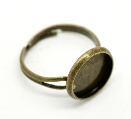 RB020 - 20 pcs. Antique Bronze ADJUSTABLE Cabochon Setting Bezel RING bases settings - Ring Size 6.25 US - Glue Pad 12mm (0.47 in)