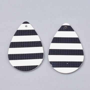 P150 - 10 pcs. Black and White Stripe Faux Leather Dangle Charms Pendants - Teardrop - 40mm (1.57") - Great for Earrings! Double Sided