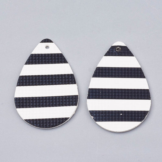 P150 - 10 pcs. Black and White Stripe Faux Leather Dangle Charms Pendants - Teardrop - 40mm (1.57") - Great for Earrings! Double Sided