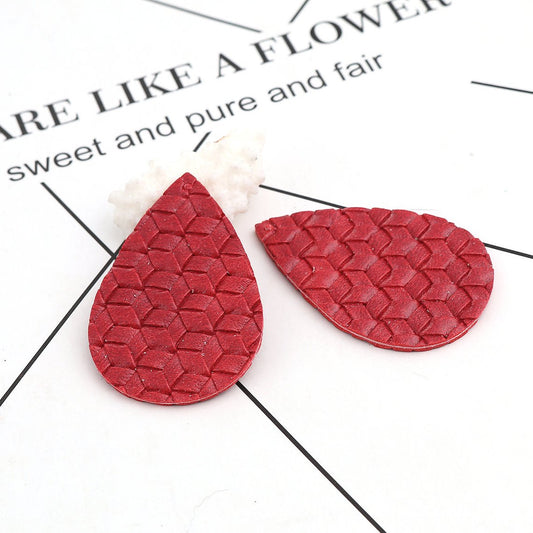 P028 - 10 pcs. Red Faux Leather Dangle Charms Pendants - Teardrop Weave - 56mm (2.2") - Great for Light Earrings or Dangles! Double-Sided