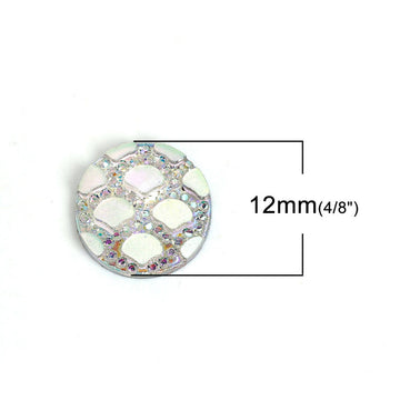 CA1031 - 100 pcs Resin Embellishment Druzy Cabochons White Glitter with Dots Iridescent Multicolor AB - 12mm (1/2 in) - Pattern