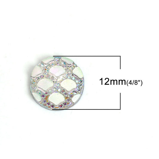 CA1031 - 100 pcs Resin Embellishment Druzy Cabochons White Glitter with Dots Iridescent Multicolor AB - 12mm (1/2 in) - Pattern